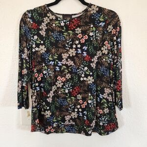 J. Jill Spring Black Floral Print Women's Top Stretchy T Shirt Boho Cottagecore
